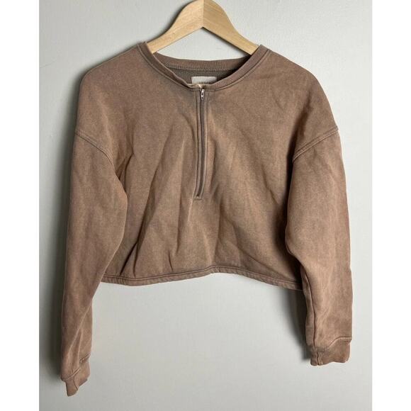 Urban Outfitters Cropped Zip Sweatshirt Brown Fleece Lined Minimalist Size Med - Picture 1 of 6